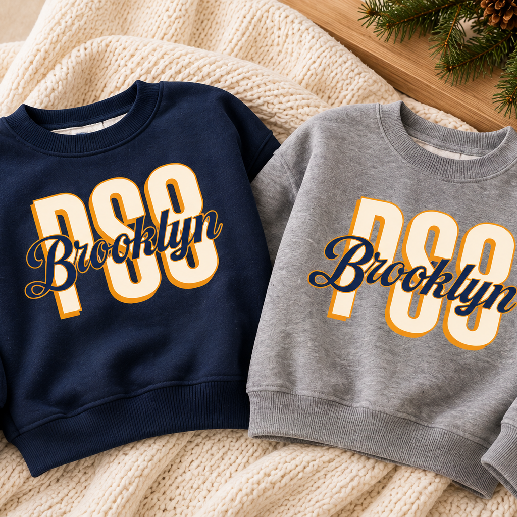 Two children's crewneck sweatshirts laid flat on a cream knit blanket. One sweatshirt is navy blue with large yellow outlined 'PSS' letters and black cursive 'Brooklyn' script.
