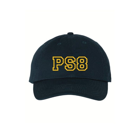 A dark navy blue baseball cap with 'PS8' embroidered in yellow block letters on the front, shown against a plain white background.